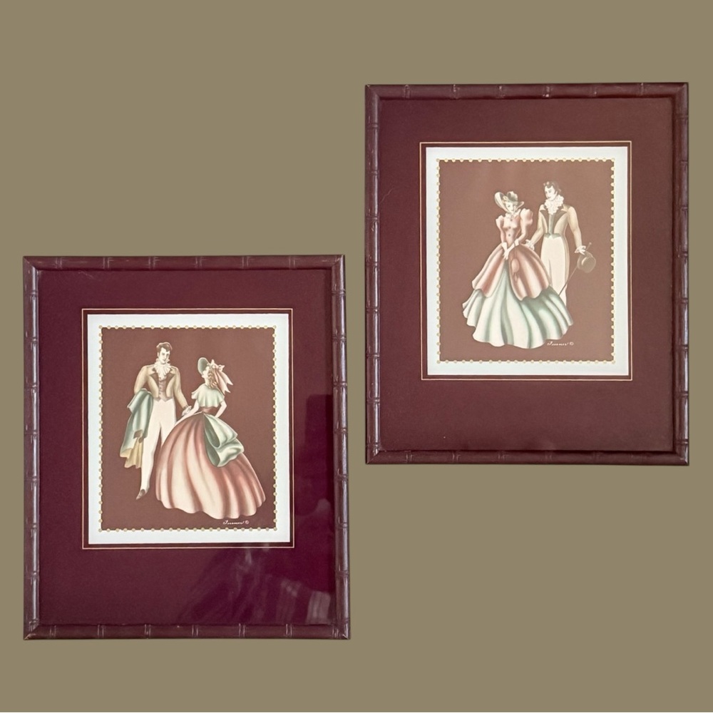 Vintage Mid Century Turner Framed Prints Colonial Victorian Couple Bamboo Frames